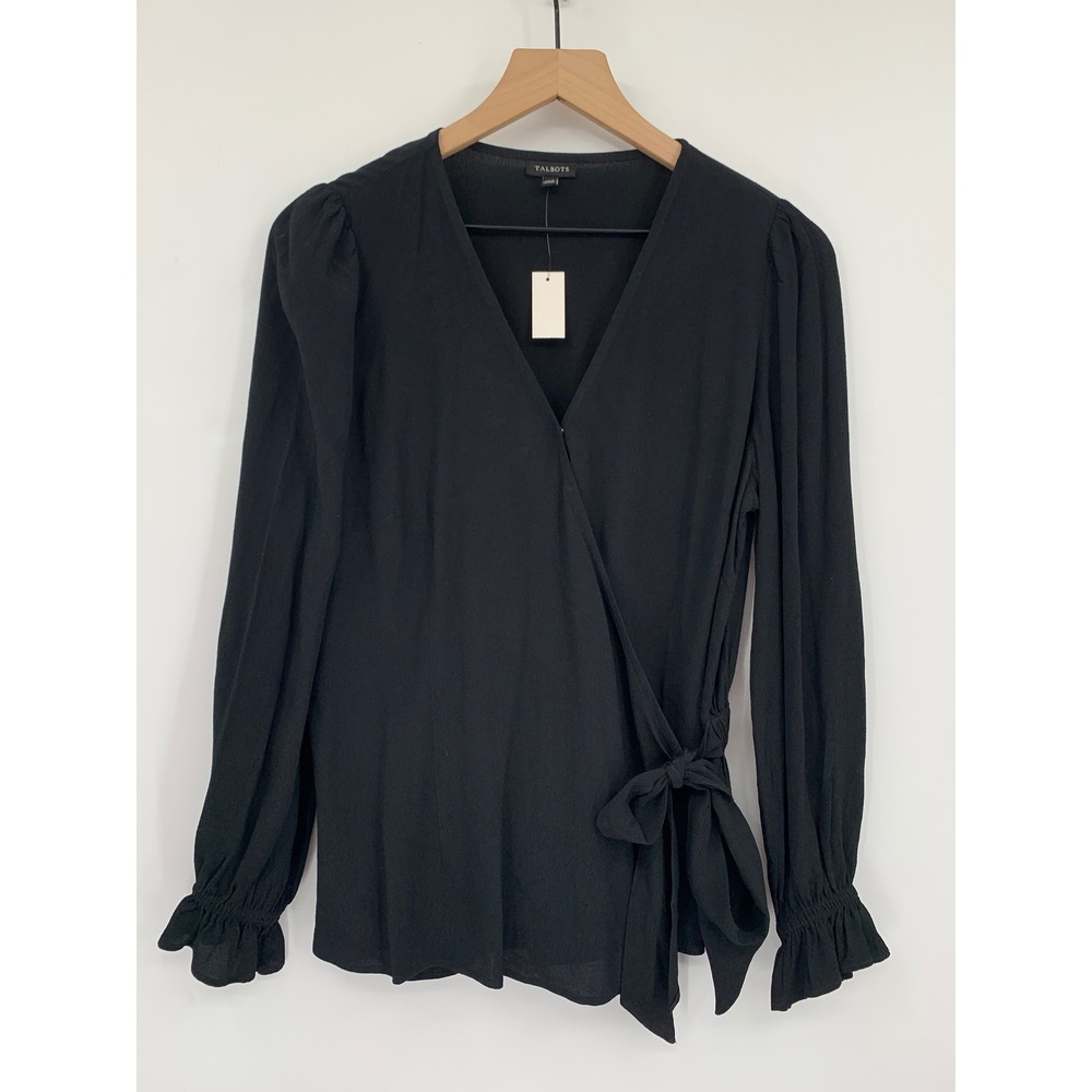 Talbots Shirt Womens Medium Black Wrap Top Long Sleeve Ruffle Cuff Peplum NEW